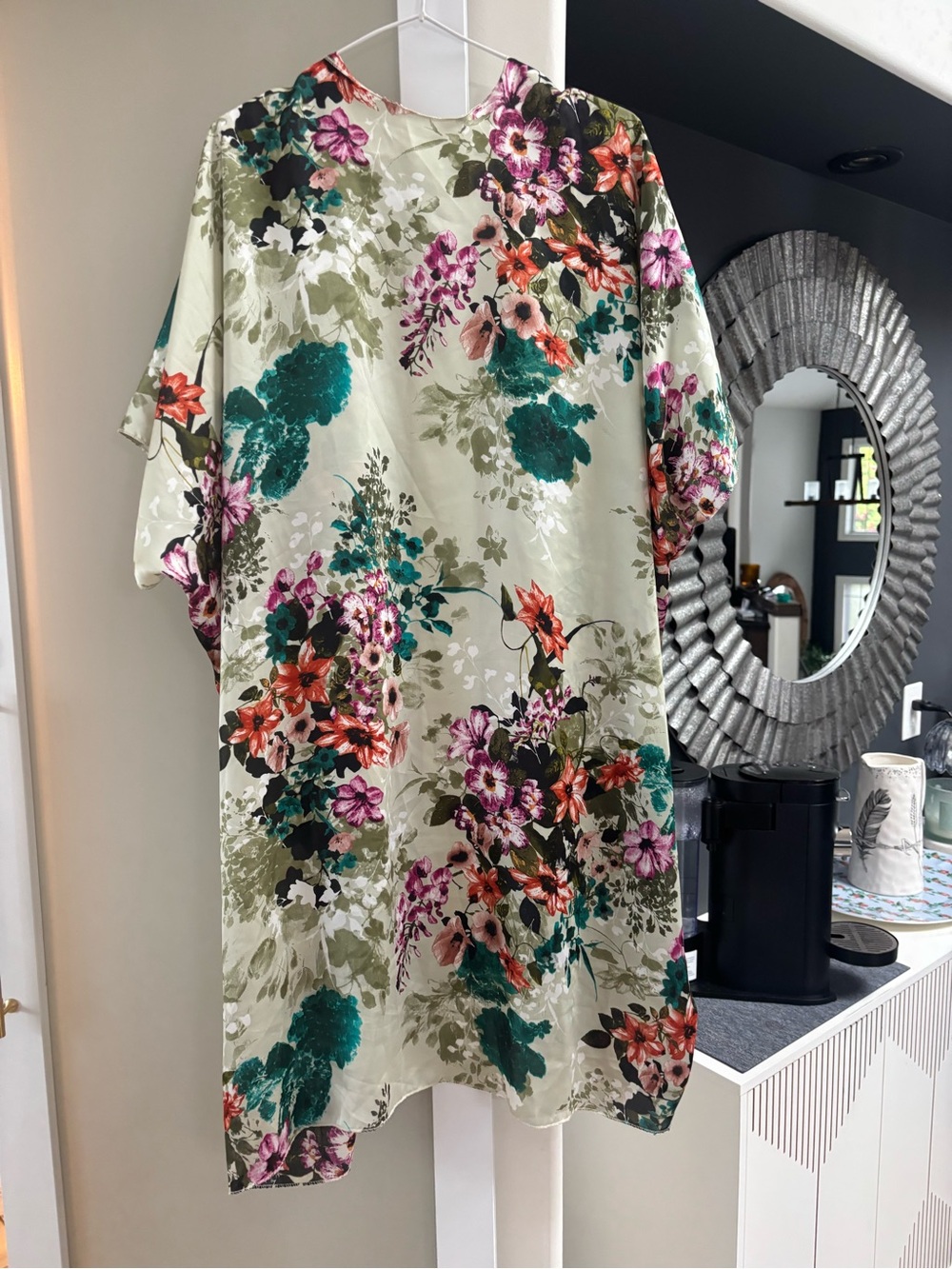 Floral Satin Kimono Cover-Up in Green and Teal - Picture 2 of 5